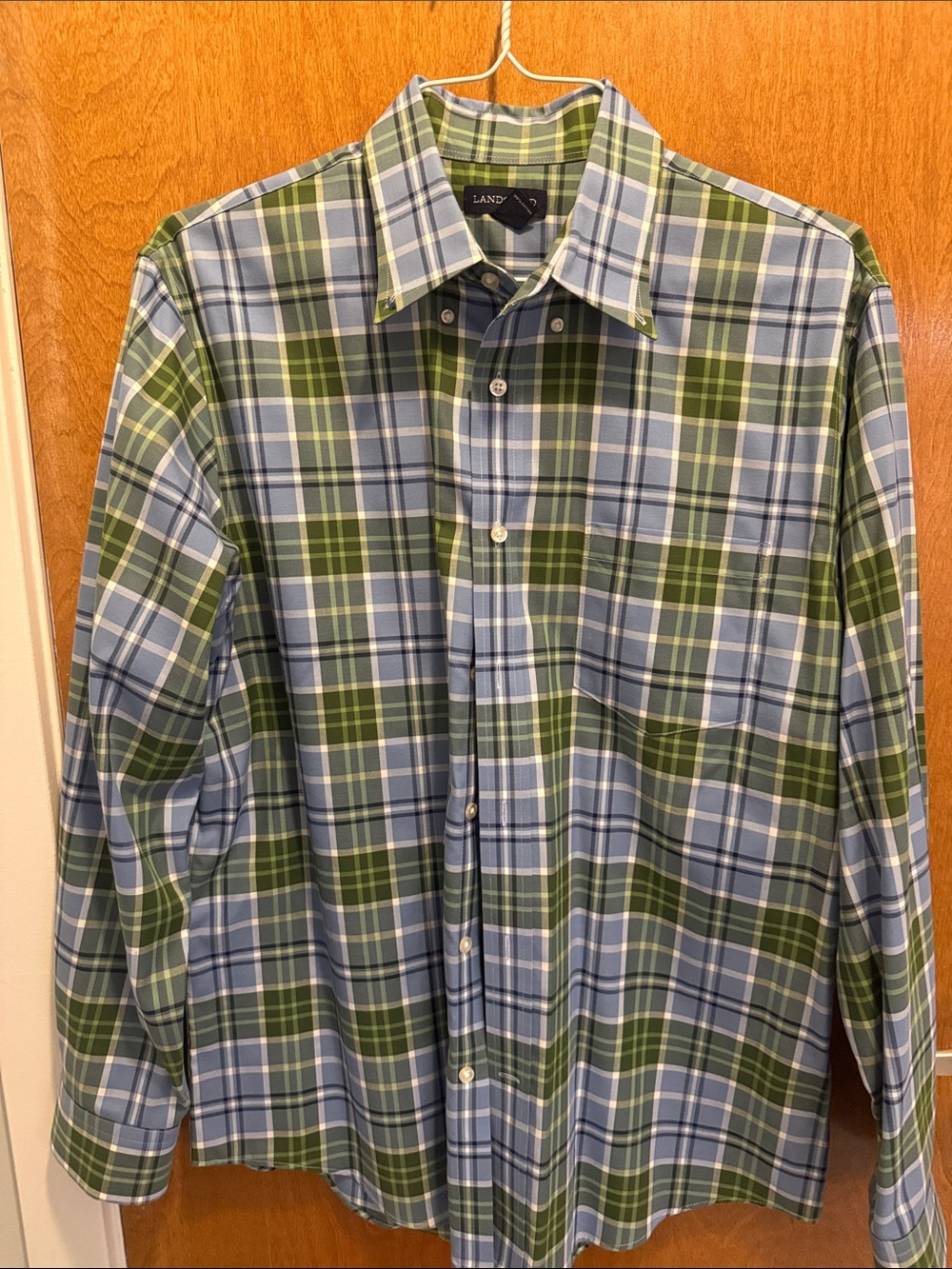 Lands' End Men's Green and Blue Plaid Button-Down Shirt